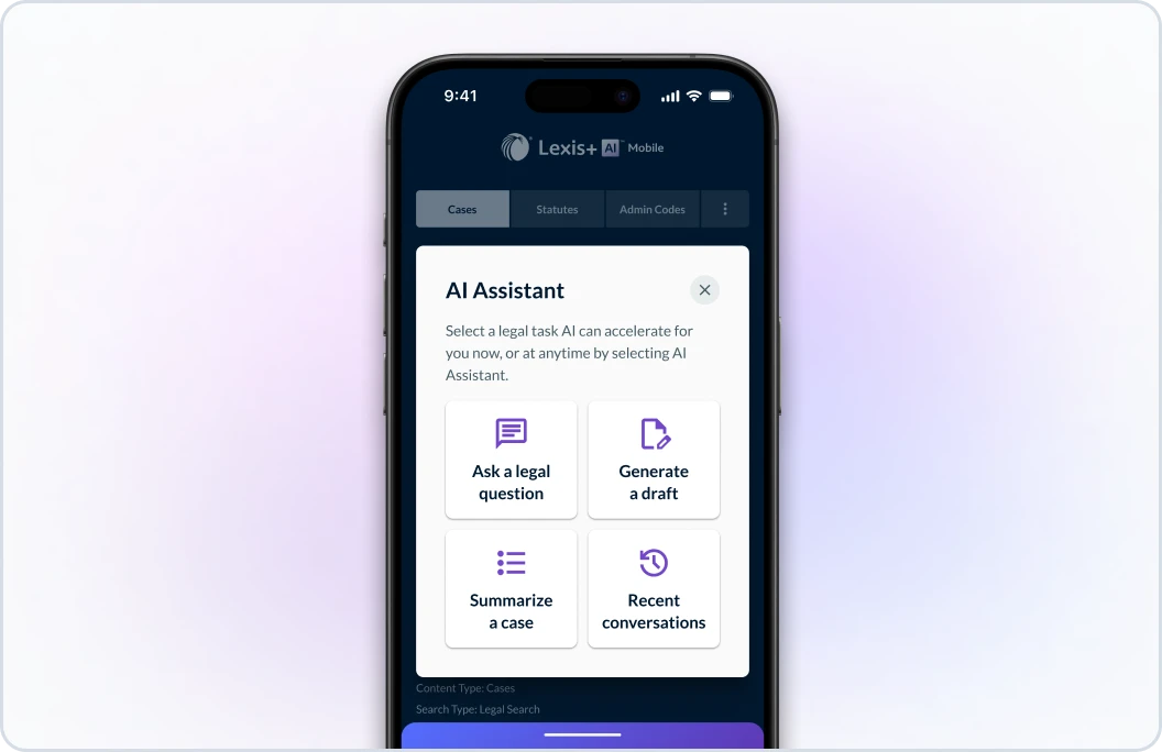 Smartphone with the AI assistant on the screen and the text select a legal task AI can accelerate for you now, or at any time by selecting AI Assistant. Then there are four buttons with the option to ask a legal question, generate a draft